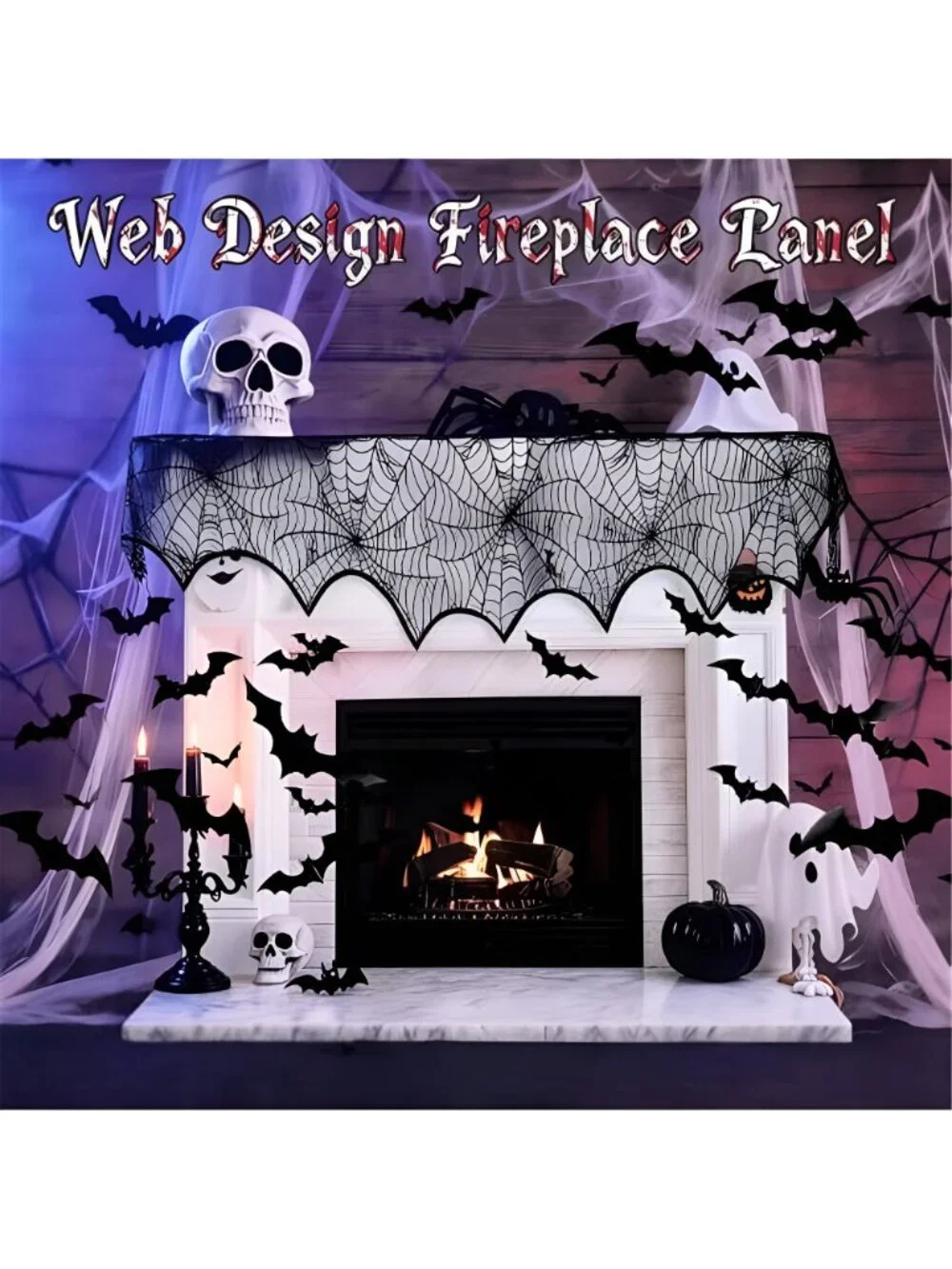 61 Pcs Halloween Mantel Decor Set, with Spiderweb Cover and Bat Stickers